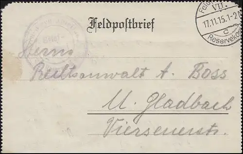 Lettre de carte de poste de terrain Service téléphonique FELDPOST c - VII Corps de réserve 17.11.15
