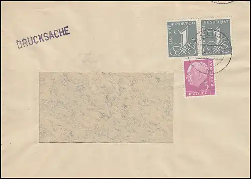 Ziffer 1 Pf im Paar mit Heuss 5 Pf MiF auf Drucksache STUTTGART 22.4.60