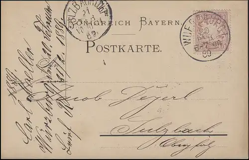 Bayern 5 Pf. Wappen, EF Postkarte WÜRZBURG I. - 20.2.89 nach SULZBACH 21.2.89