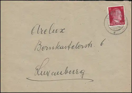 Freicke Hitler 12 Pf rouge EF Lettre locale de charbon Arelux LUXEMBOURG 27.5.43