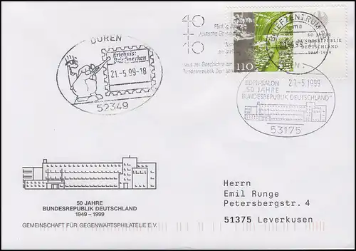 2054 Bund & Zusammenarbeit, EF FDC ESSt Bonn & ESSt Düren und BZ 53 - 21.5.1999