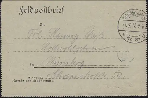 Feldpostbrief BS Bayer. Reserve-Fuhrpark-Kolonne 6 vom 7.2.1917 nach Nürnberg  