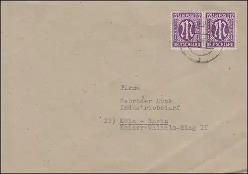 AM-Post 12 Pf Couple MeF Lettre Dominitwerke DORTMUND 10 - 12.3.1946 à Cologne