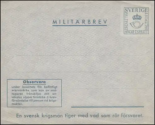 Suède Militaire Post: Enveloppe de lettre militaire MILITÄRBREV à partir de 1929, non utilisé **