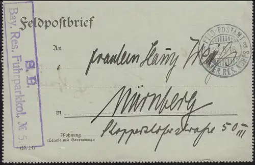 Lettre de poste de Feldpost BS Bayer. Res. Fuhrparkolonne Nr. 5 du 22.5.1916 à Nuremberg