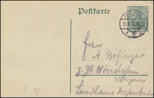 Postkarte P 90I Germania 5 Pf. MAINZ 3 n - 11.5.12 nach Wörishofen