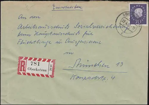 306 Heuss 70 Pf. EF auf R-Brief OBERKOTZAU 27.4.1960 nach München / Flüchtlinge