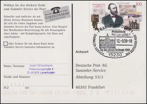 1912 Stephan auf AK Reichspostamt SSt Frankfurt/Oder Denkmal Postgebäude 12.9.99