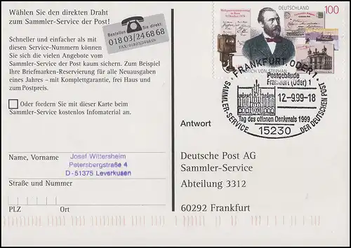 1912 Stephan sur AK Reichspostamt SSt Francfort/Oder Monument Postbahn 12.9.99