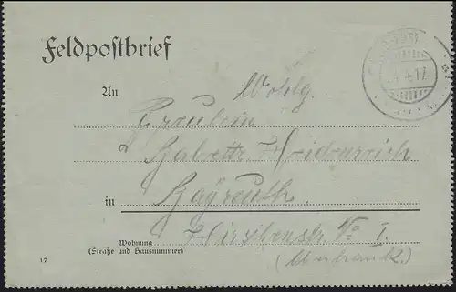 Feldpost-Kartenbrief vom 24.4.1917 nach Bayreuth 