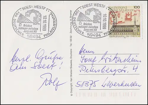 1966 Kloster Maulbronn EF AK Fußgängerzone SSt Soest Philatelistentag 10.10.1999