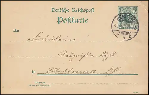 Carte postale P 30I chiffre 5 Pf DV 993 m, HERFORD 31.10.1893 vers Mettmann