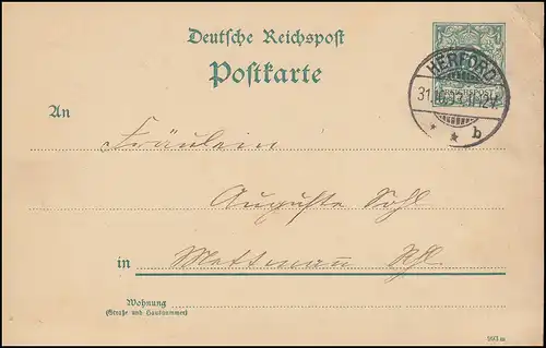 Postkarte P 30I Ziffer 5 Pf DV 993 m, HERFORD 31.10.1893 nach Mettmann