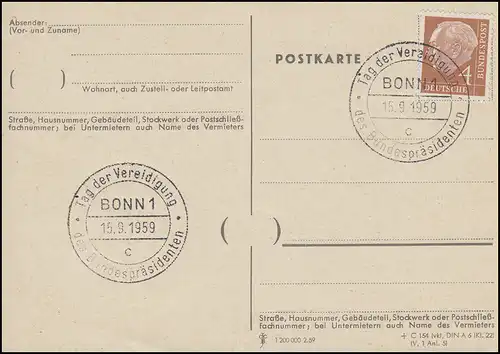 178x Heuss 4 Pf. Blanko-PK SSt Bonn Vereidigung des Bundespräsidenten 15.9.1959