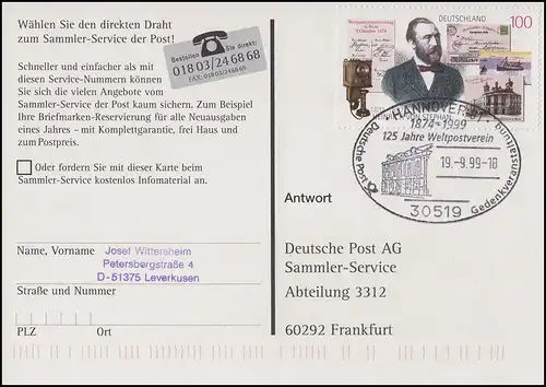 1912 Heinrich von Stephan, AK Reichspostamt SSt Hannover Universal Postsverein 19.9.99