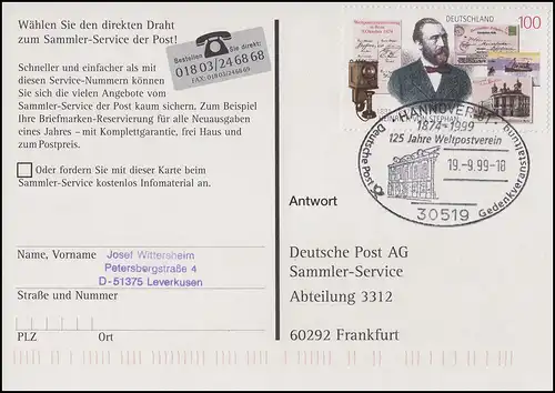 1912 Heinrich von Stephan, AK Reichspostamt SSt Hannover Weltpostverein 19.9.99
