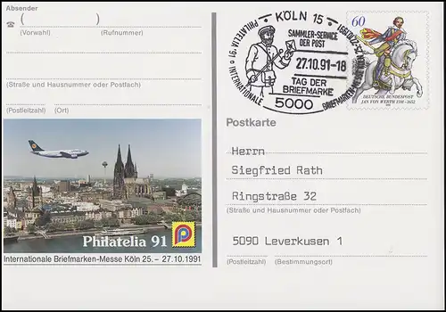 PSo 25 Messe de Cologne Philatelia, SSt Cologne Journée du timbre & Postbot 27.10.1991
