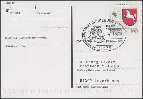1662 Niedersachsen EF auf Postkarte SSt Bückeburg Tag der Niedersachsen 9.7.1999