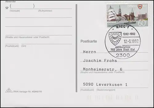 1598 Kiel EF Carte postale FDC ESSt Kienne Fête anniversaire 750 ans KIEL 12.3.1992