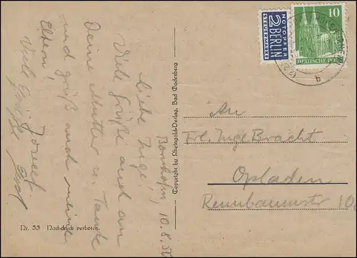 80eg Constructions 10 p. avec des victimes d'urgence EF sur bijoux carte postale KAMP-BORNHOFEN 10.8.50