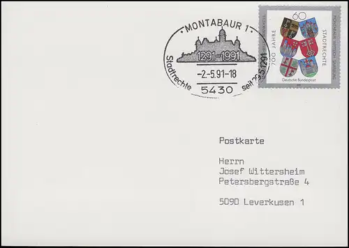 1528 Droits de la ville & Blagues, carte postale FDC ESSt Montabaur Ville-Silhouette 2.5.91