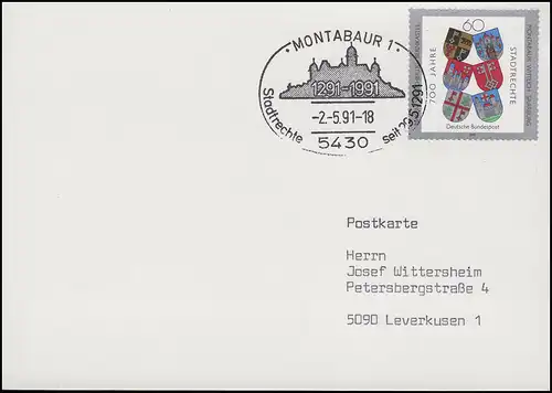 1528 Stadtrechte & Wappen, FDC-Postkarte ESSt Montabaur Stadt-Silhouette 2.5.91