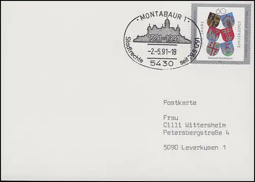 1528 Stadtrechte & Wappen, FDC-Postkarte ESSt Montabaur Stadt-Umriss 2.5.91