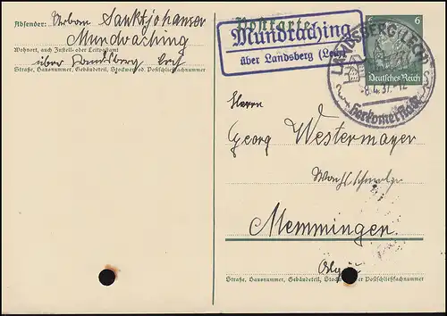 Landpost Mundraching über Landsberg 2 auf Postkarte P 226I, SSt LANDSBERG 8.4.37