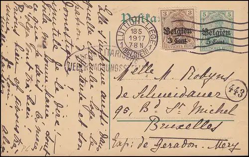 Belgien Postkarte P 6 mit Zusatzfr. 11 Germania 3 Pf. mit Zensur LÜTTICH 18.5.17