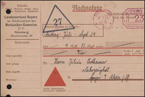 Absenderfreistempel Mechaniker-Gewerbe NN-Karte Nürnberg 19.9.34 nach Speyer