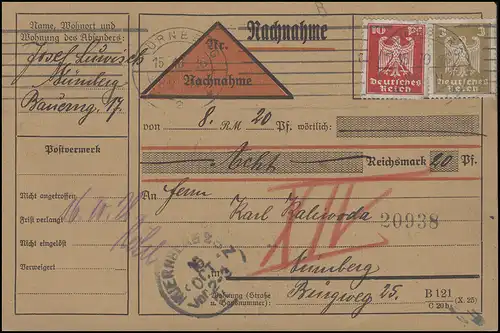 355+357 Sale Reich 3+10 Pf. MiF sur carte d'annulation locale NÜRNBERG 15.10.26
