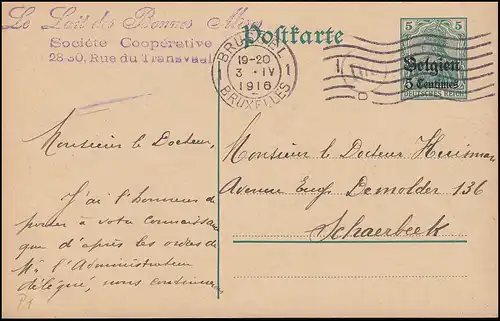 Belgien Postkarte P 1  von BRÜSSEL 3.4.1916 nach Magdeburg nach Schaerbeek