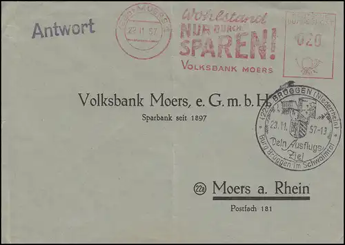 Tampon d'expéditeur Volksbank Moers 22.11.57 Lettre de réponse SSt BRÜGGEN 23.11. 57