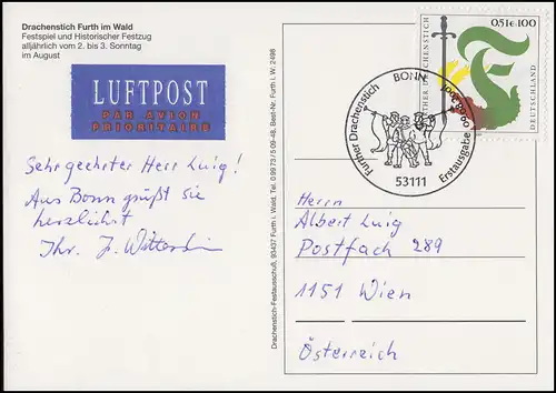 2207 Drachenstich in Furth, EF FDC-AK Festspiel & Festzug ESSt Bonn 9.8.2001