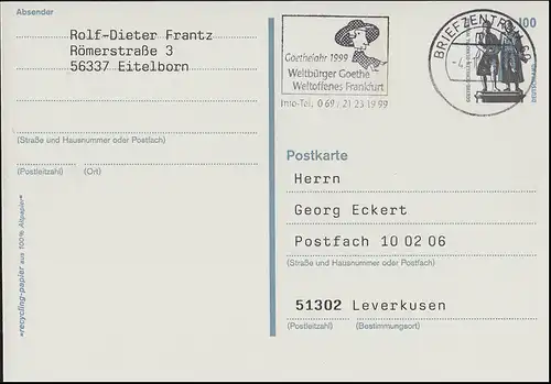 P 157 Goethejahr 1999 Weltbürger Goethe - Weltoffenes Frankfurt, BZ 60 - 4.1.99