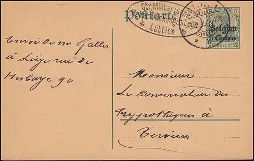 Zensur Belgien Postkarte P 1 Militärische Überwachungsstelle LÜTTICH 3.9.1915