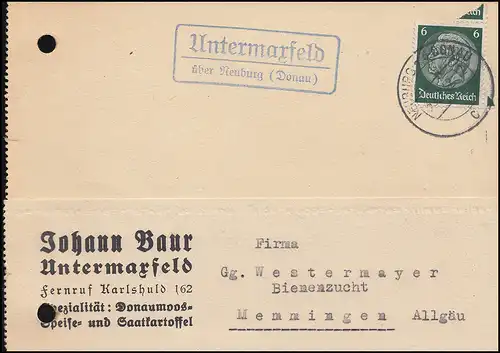 Landpost Untermaxfeld über NEUBURG (DONAU) 30.1.42 auf Postkarte EF 6 Pf.