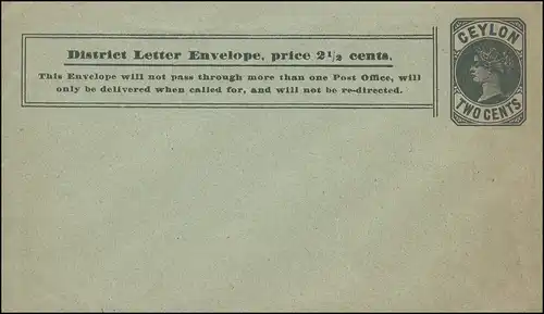 Ceylon Ganzsachenumschlag 2 Cents District Letter Envelope, ungebraucht **
