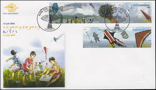 Indonesien Drachenfliegen Kites 5 Werte als Zusammendrucke Schmuck-FDC 15.7.2002