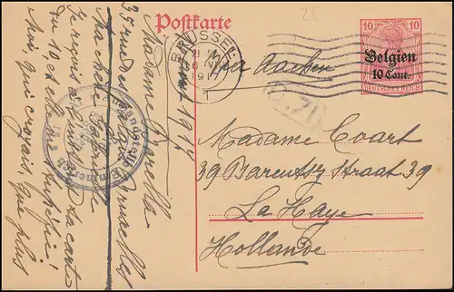 Belgien Postkarte P 11I Germania Zensur Auslandsstelle Emmerich Brüssel 16.8.17