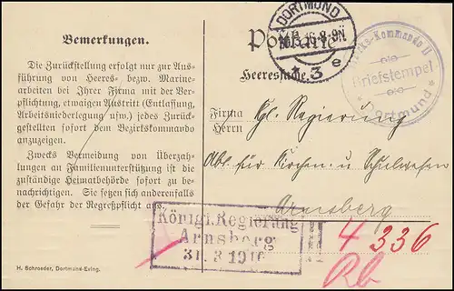 Feldpost Bezirks-Kommando II DORTMUND 30.3.16 an Königl. Regierung in Arnsberg