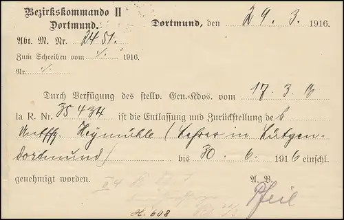 Feldpost Bezirks-Kommando II DORTMUND 30.3.16 an Königl. Regierung in Arnsberg