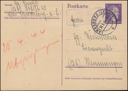Landpost Stadl über LANDSBERG (LECH) 31.5.1944 auf Postkarte P 299I