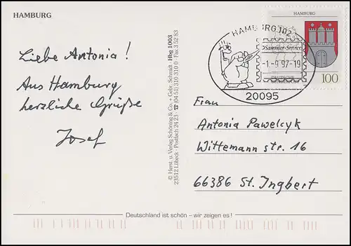 1591 Hamburg, EF AK Hansestadt SSt Hamburg Rolf mit Pinzette und Marke 1.9.1997