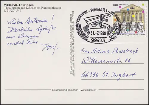 2028 Weimar, AK National Theater, SSt Weimars Ville culturelle européenne Satellite 31.7.99