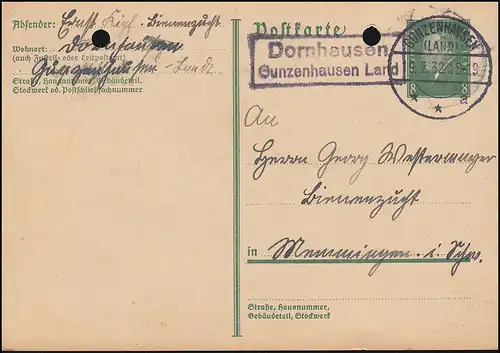 Landpost Dornhausen Gunzenhaus en Land GUNZENHAUSEN 19.2.32 sur carte postale P 195I