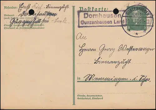 Landpost Dornhausen Gunzenhausen Land GUNZENHAUSEN 19.2.32 auf Postkarte P 195I 
