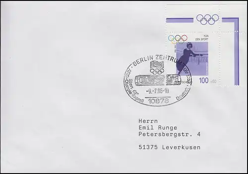 1863 Olympiasieger Annie Hübler-Horn, Brief SSt Berlin Olympia-Express 9.7.1996