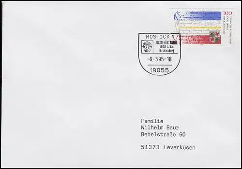 1782 Mecklembourg, EF FDC Rostock 1000 ans Meckelenburg Wappen 9.3.1995