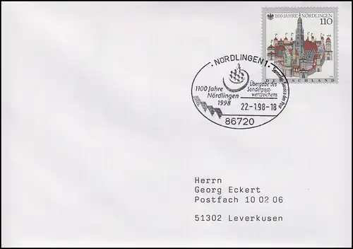 1965 Nördlingen & Stadtblick, EF FDC ESSt 1000 ans Nördlingens 22.1.1998